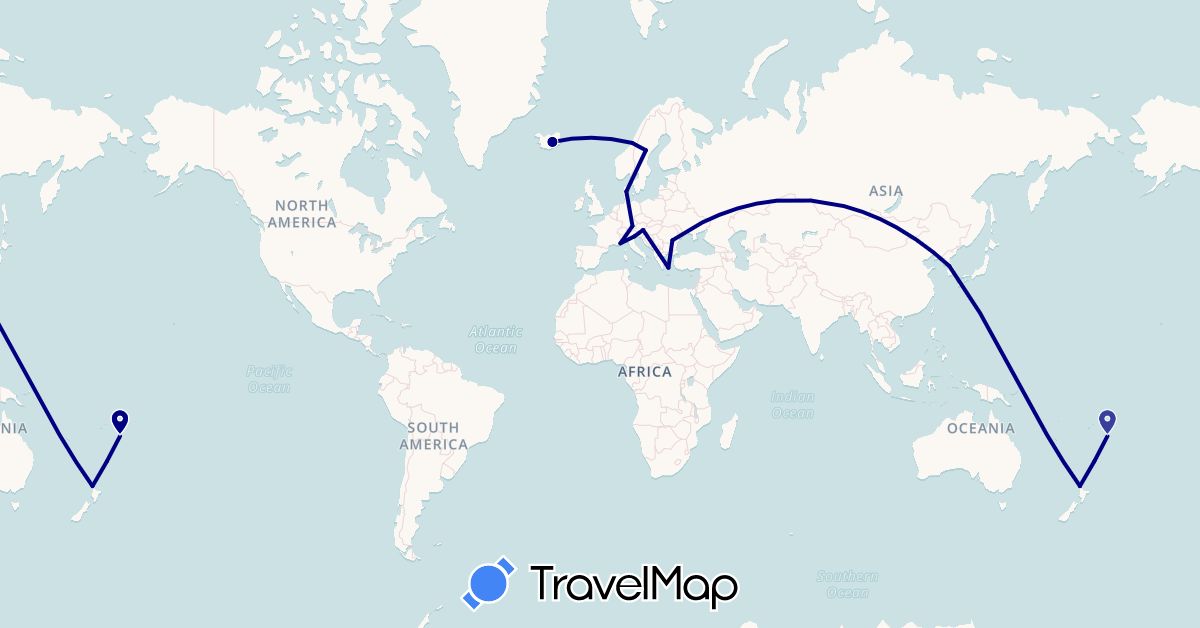 TravelMap itinerary: driving in Austria, Germany, Denmark, France, Greece, Iceland, Italy, South Korea, Norway, New Zealand, Romania, Sweden, Tonga (Asia, Europe, Oceania)